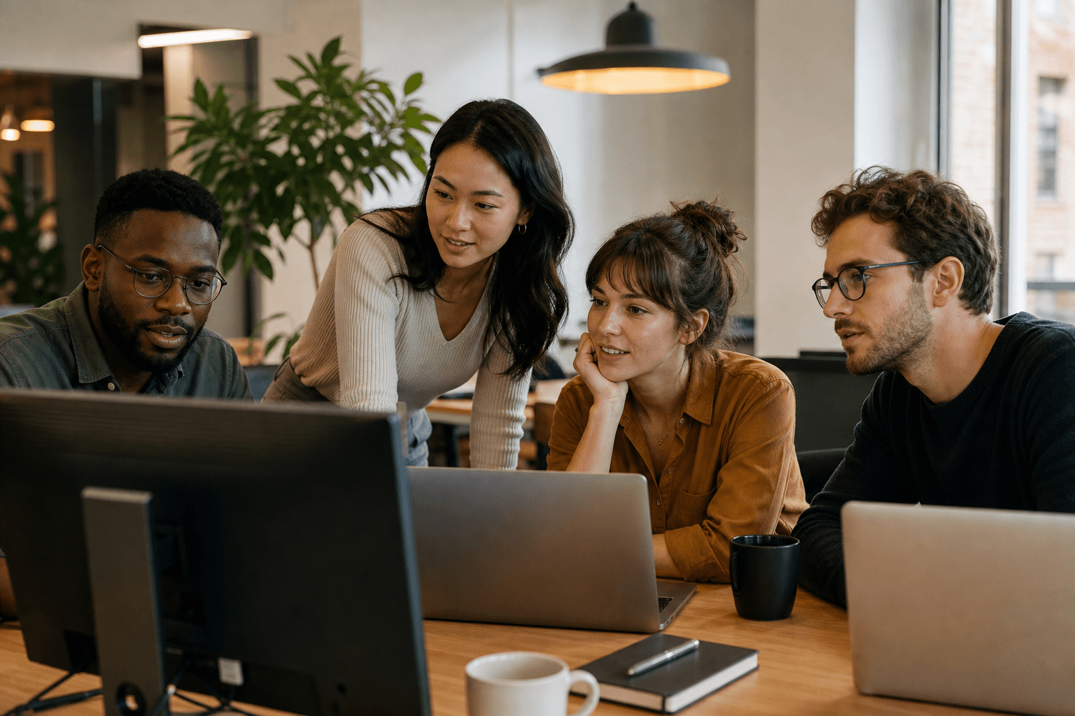 Braviont engineers collaborating around monitors in an indoor office