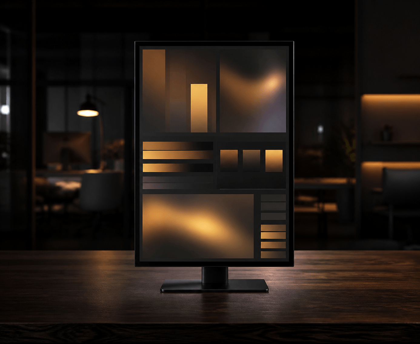Monitor on a dark desk showing an abstract operations dashboard