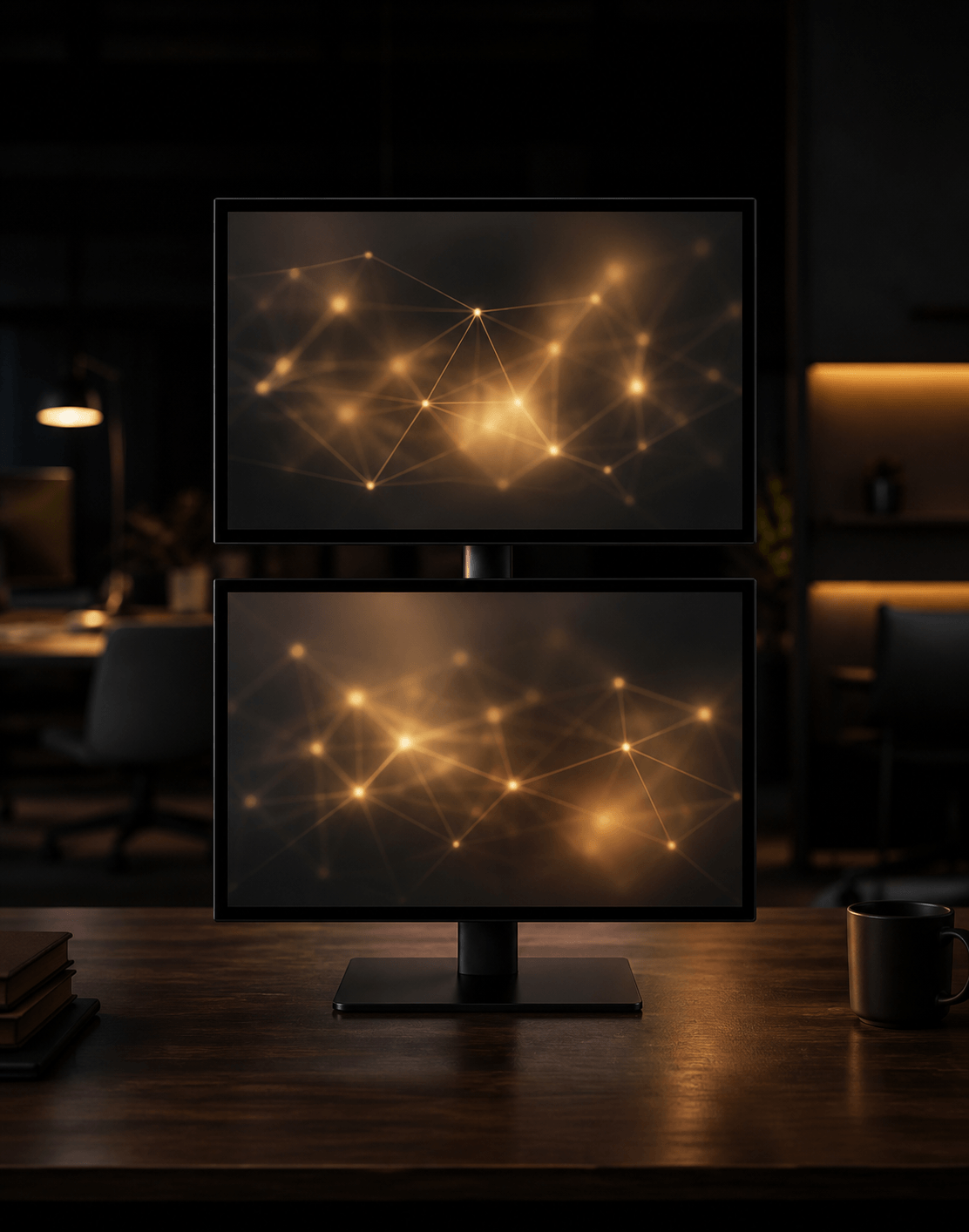 Dual monitors displaying abstract connected workflow nodes