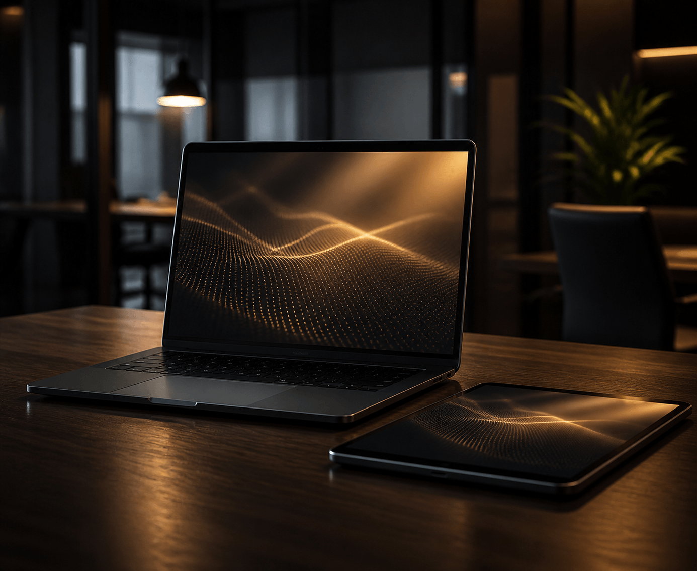 Laptop and tablet on a conference table showing an abstract field map