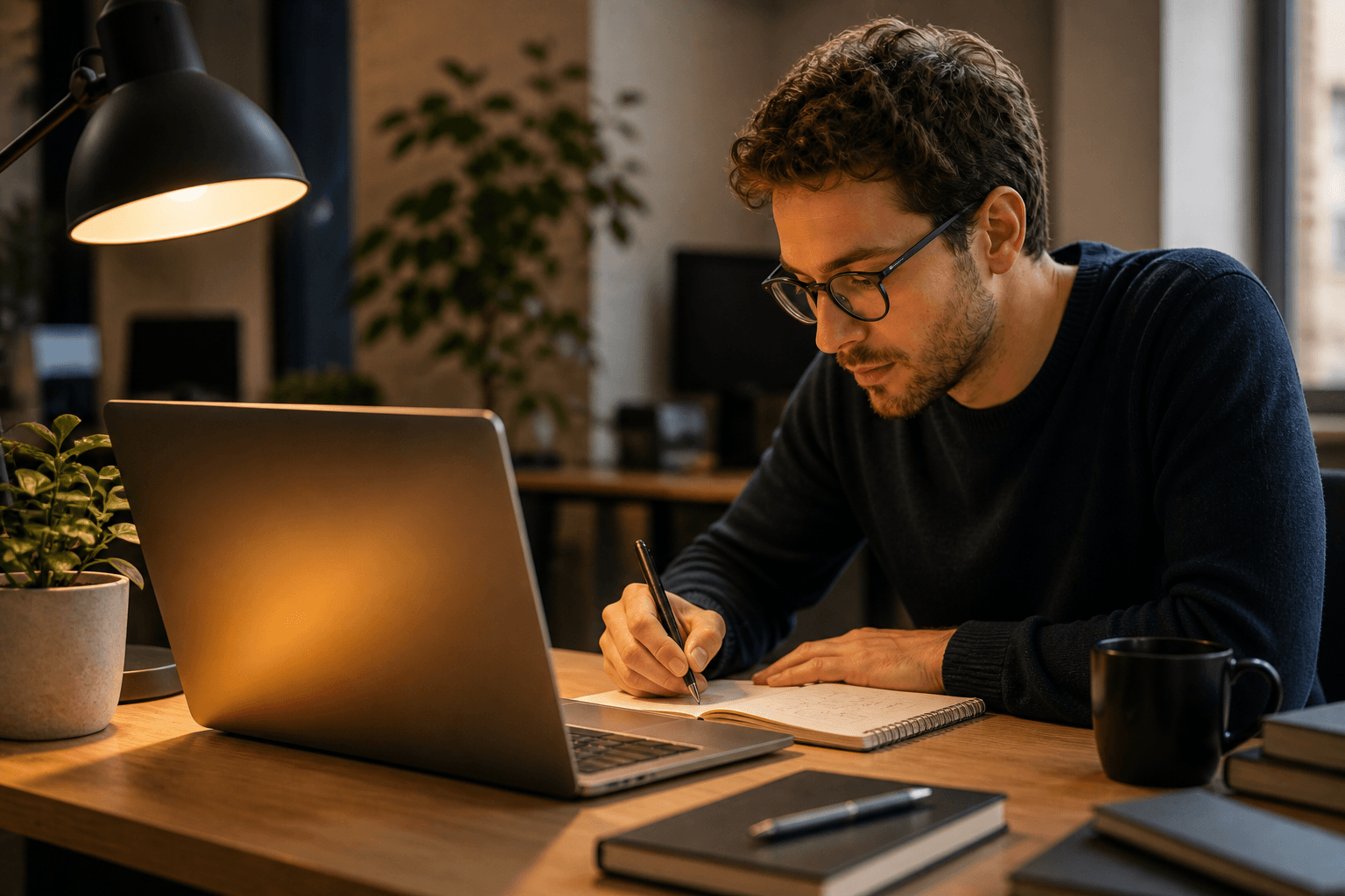 Engineer documenting a system beside a laptop