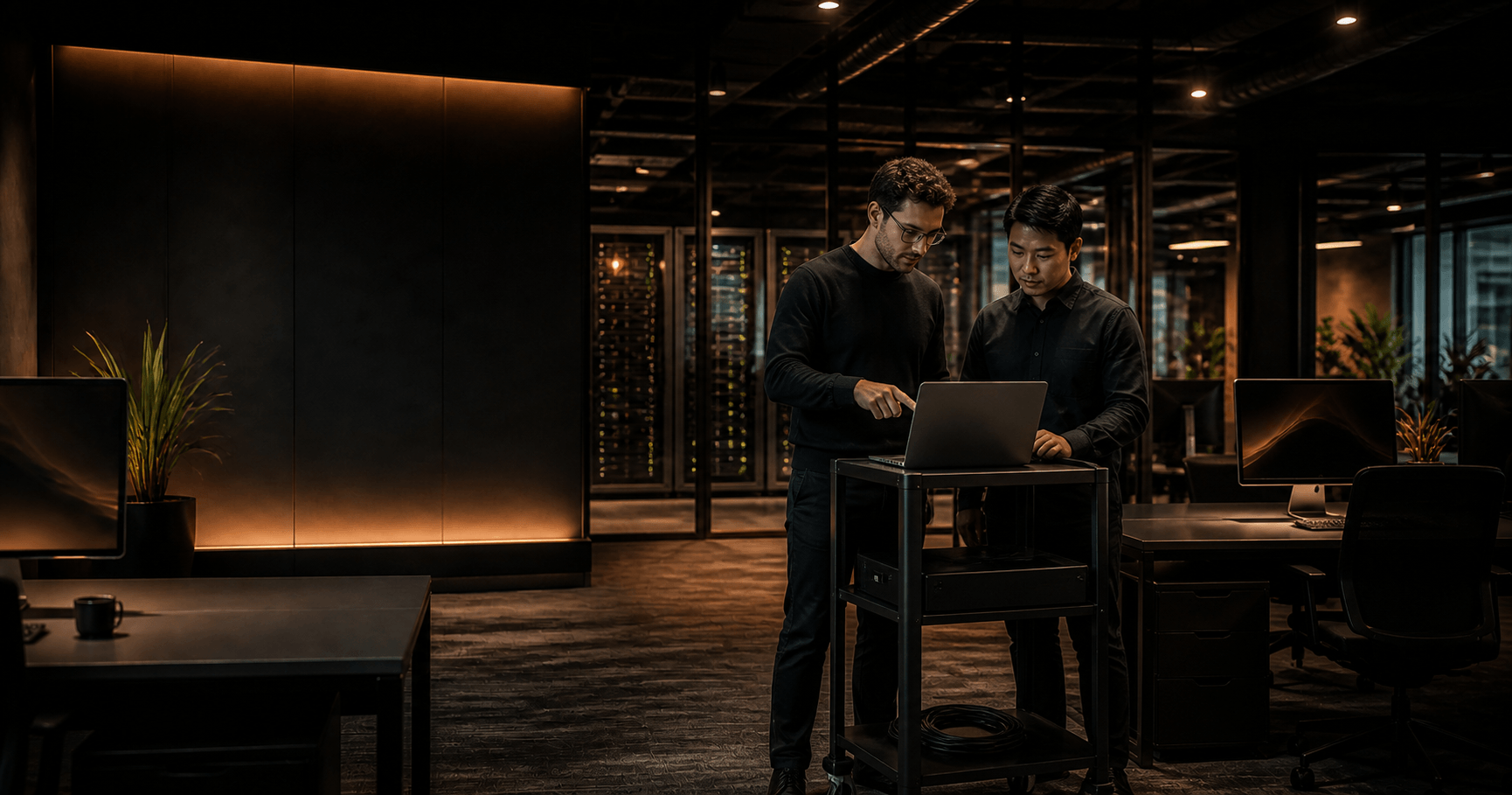 Engineers reviewing systems behind glass in a dark office