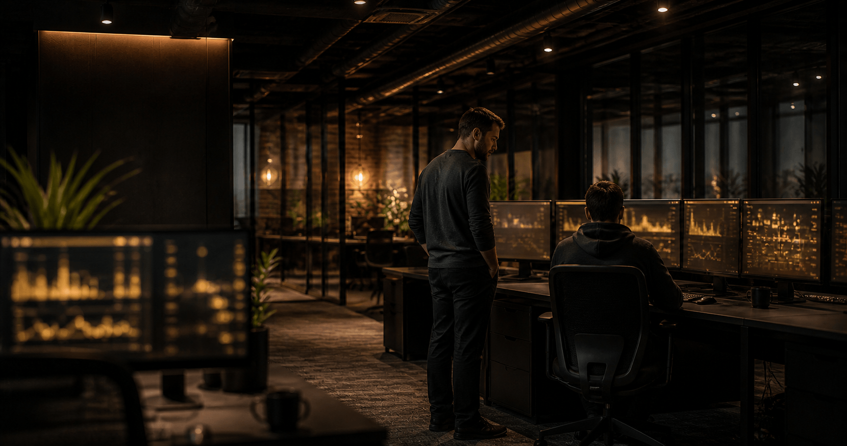 Operations room with monitors glowing in a dark office