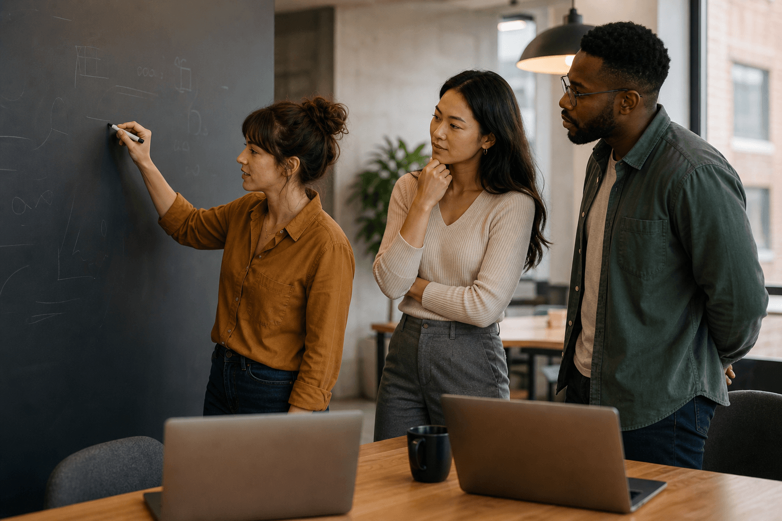 Engineers mapping a discovery workshop on a dark office board