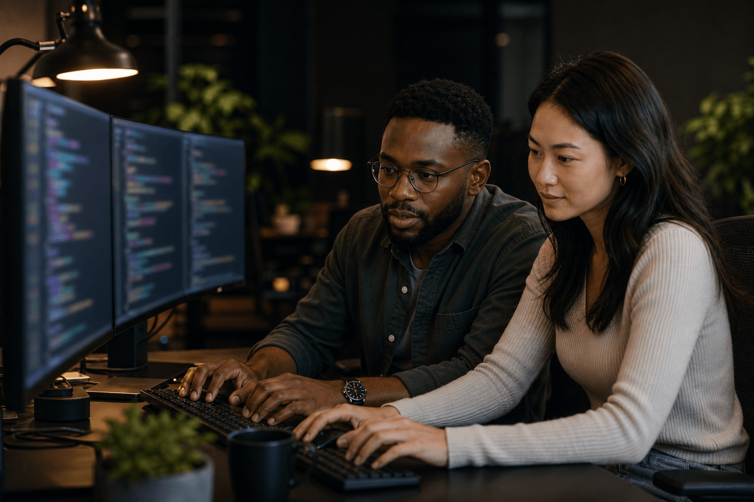 Developers building software at dual monitors in a dim office