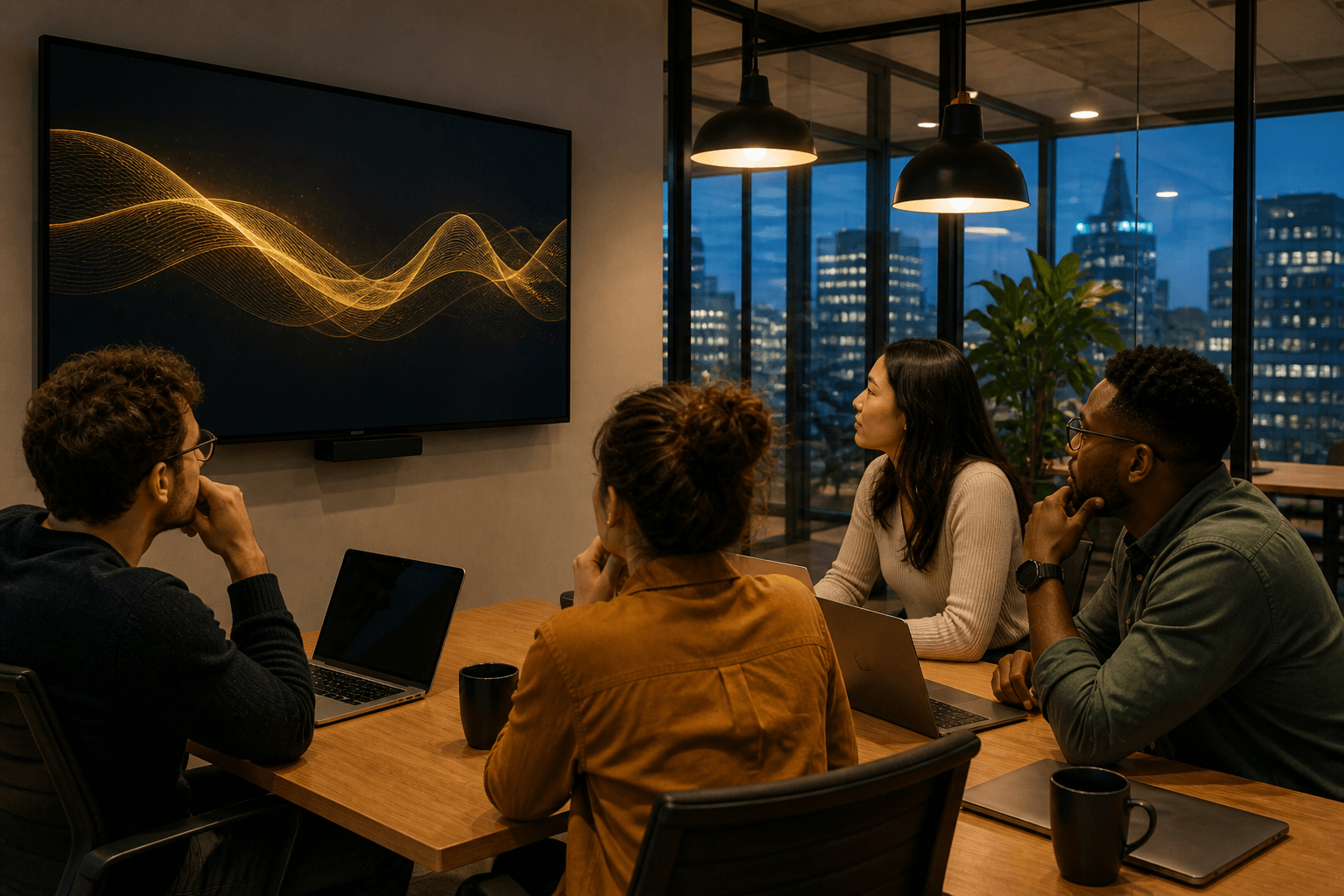 Team reviewing a launch on a wall display in a glass meeting room